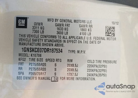 2013 Chevrolet Tahoe K1500 Ltz z USA, uszkodzony, nr VIN 1GNSKCE07DR187534